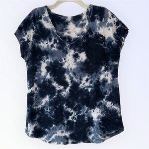 Sonoma Navy white Tie Dye Short Sleeves Embroidered Shirt Top Size Petite Lg